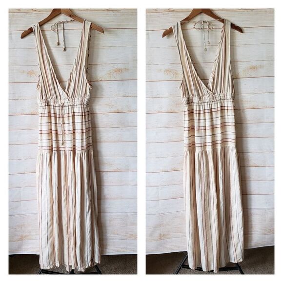 L Space Emma Maxi Dress Coverup Plunging Neckline in Cream Stripe Women's Medium - Picture 6 of 11